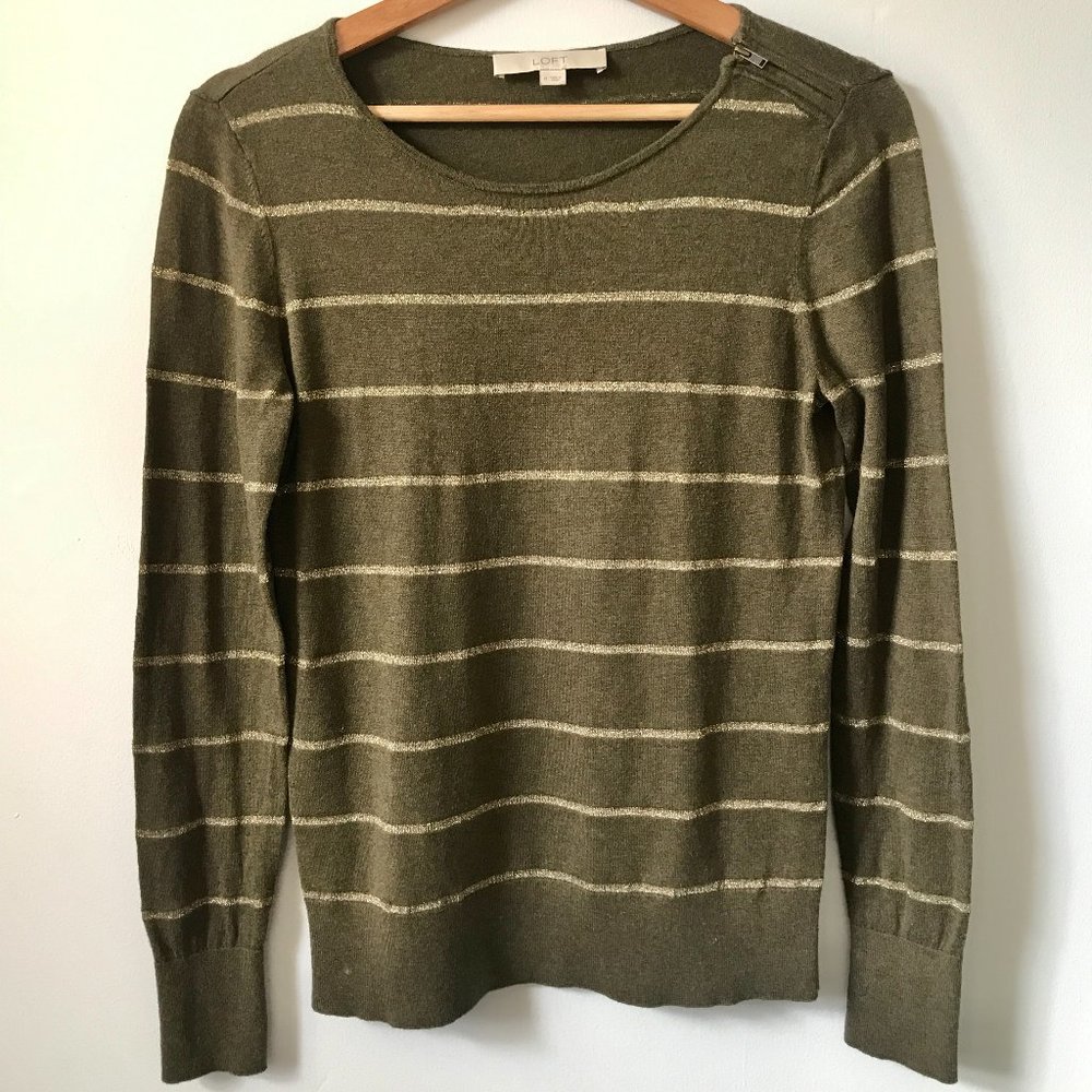Anne Taylor LOFT Green & Gold Striped Sweater, Size M